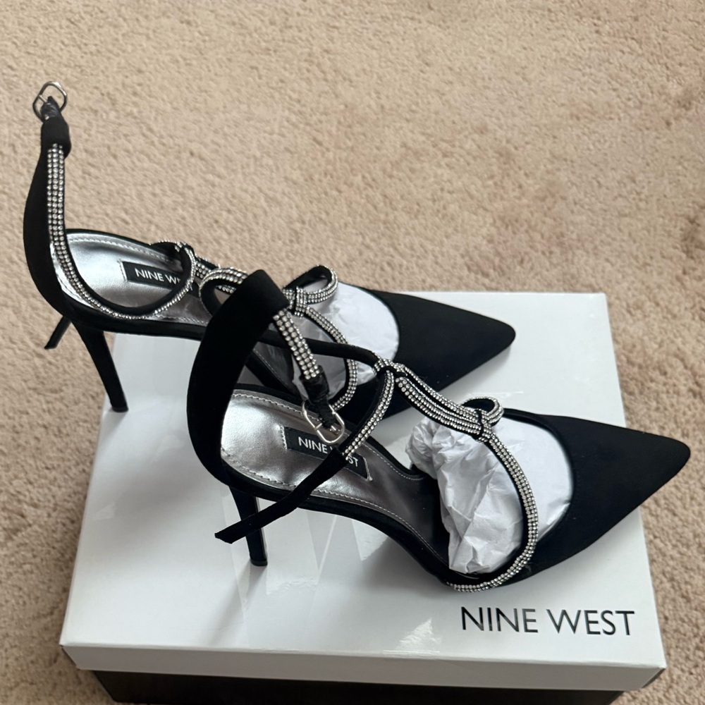 Nine West Black and Silver T-Strap Heels